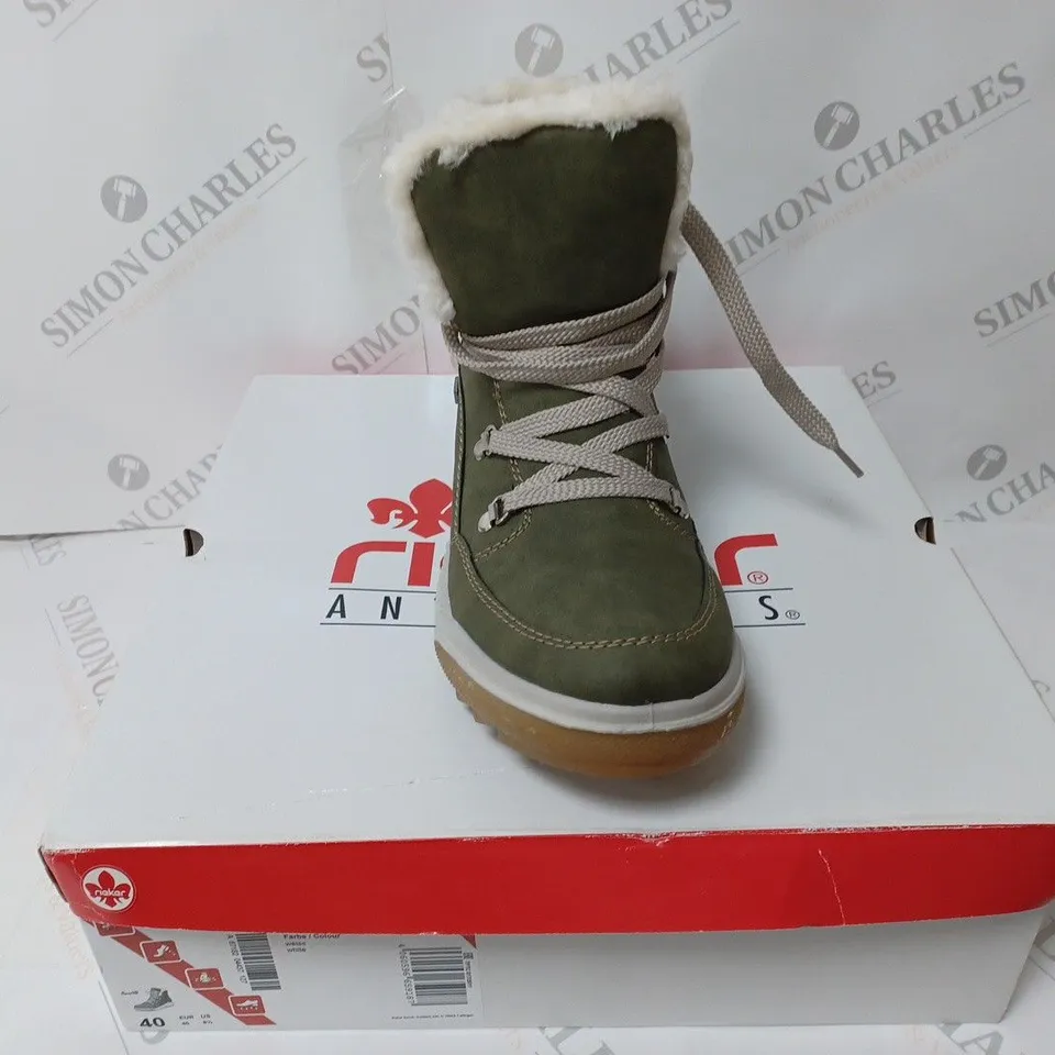 BOXED PAIR OF RIEKER WATER RESISTANT WARM LINED HIKING LACE UP BOOTS, KHAKI - SIZE 6.5