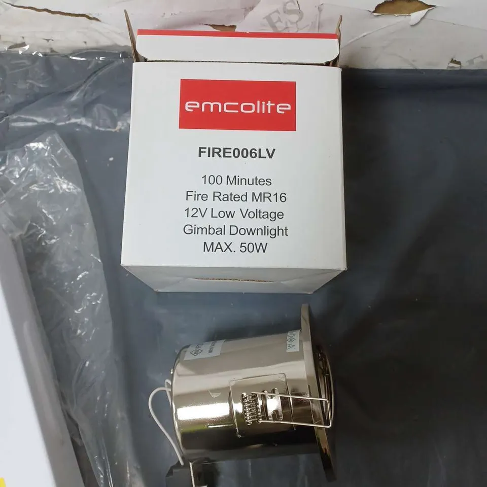 CAGE OF APPROXIMATELY 50 LVE 35012M MAINTAINED 12V 50W REMOTE ENERGY PACKS, AND APPROX. 80 12V LOW VOLTAGE GIMBAL DOWNLIGHTS
