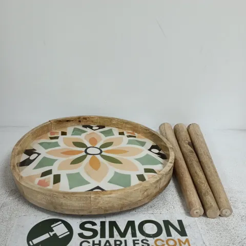 ROUND WOODEN TABLE WITH MOSAIC TILE INSERT AND DETACHABLE LEGS