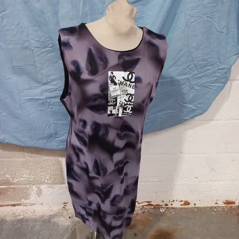MISSY EMPIRE PURPLE SATIN DRESS, UK 18 (US 14; EU FR 46; EU DE 44) WITH CHANEL-INSPIRED PATCH