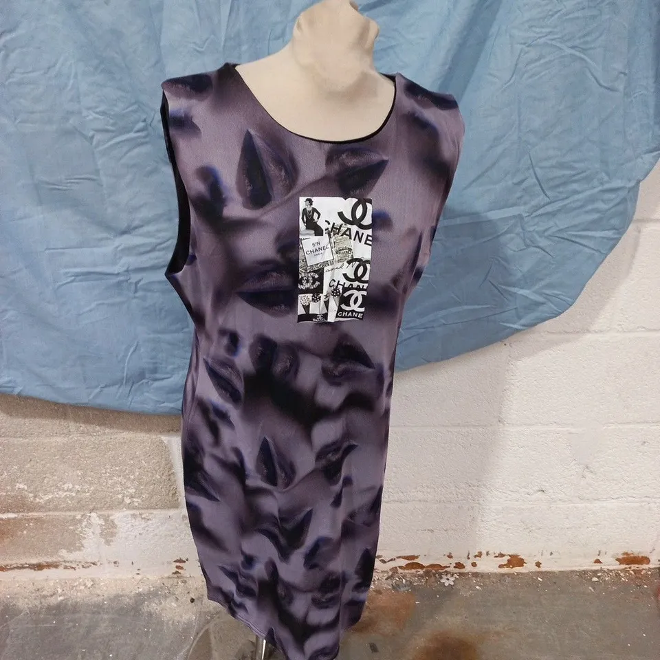 MISSY EMPIRE PURPLE SATIN DRESS, UK 18 (US 14; EU FR 46; EU DE 44) WITH CHANEL-INSPIRED PATCH
