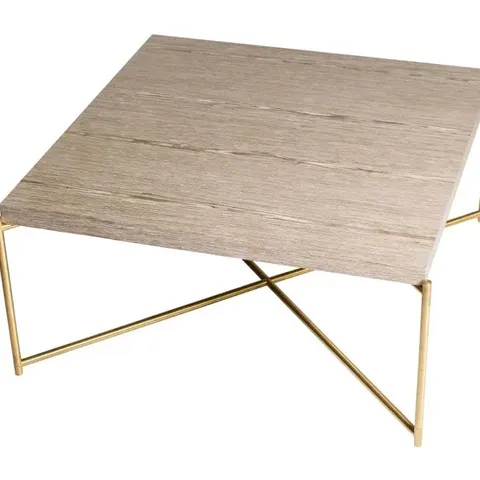 BRAND NEW BOXED IRIS SQUARE COFFEE TABLE - WEATHERED OAK & BRASS FRAME (3 BOXES)