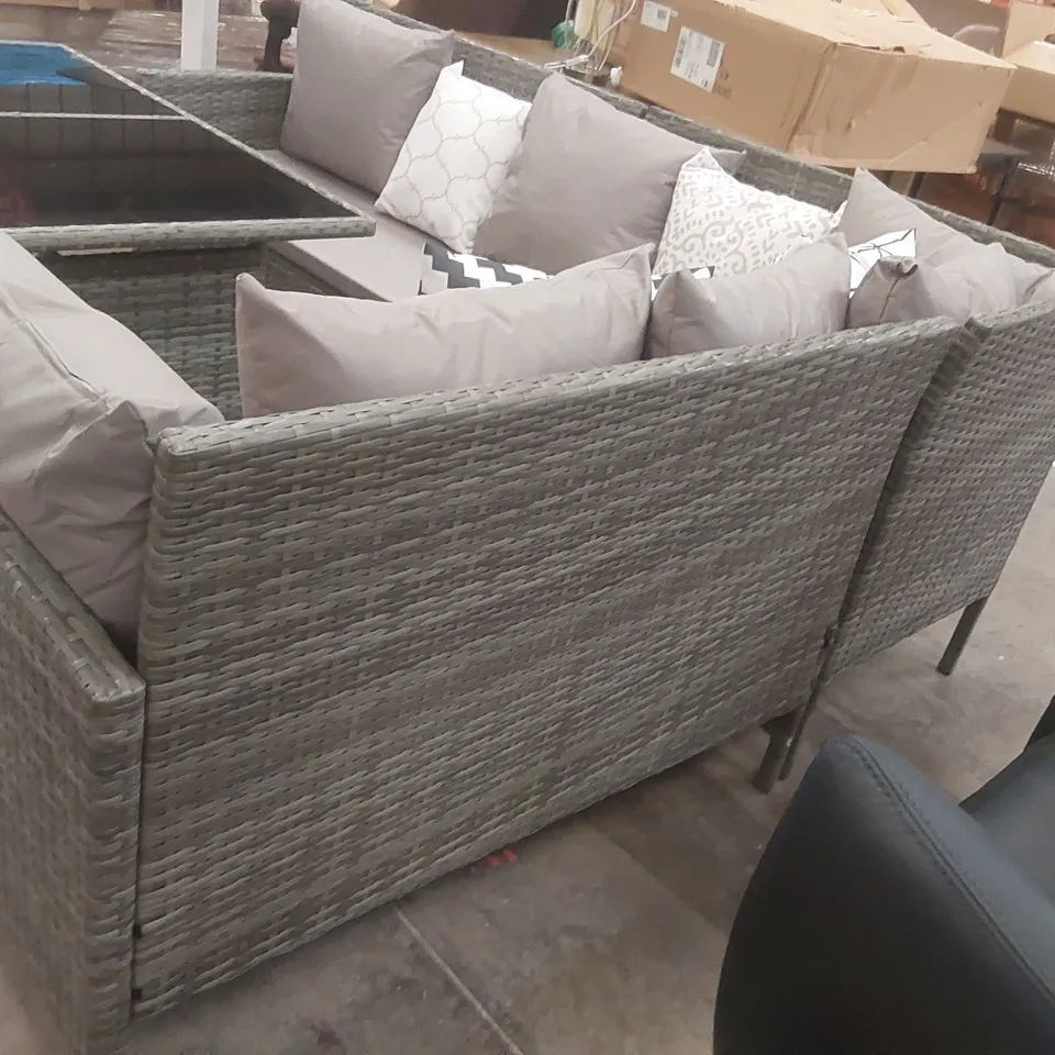 DESIGNER RATTAN CORNER SOFA WITH TABLE, STOOLS AND CUSHIONS
