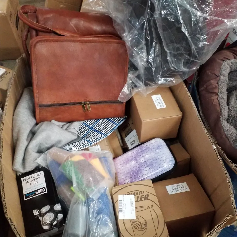 BOX CONTAINING ASSORTED PRODUCTS INCLUDING MULTIFUNCTION SHAVER, MOSQUITO KILLER, MOTORCYCLE SEAT, LEATHER BAGS