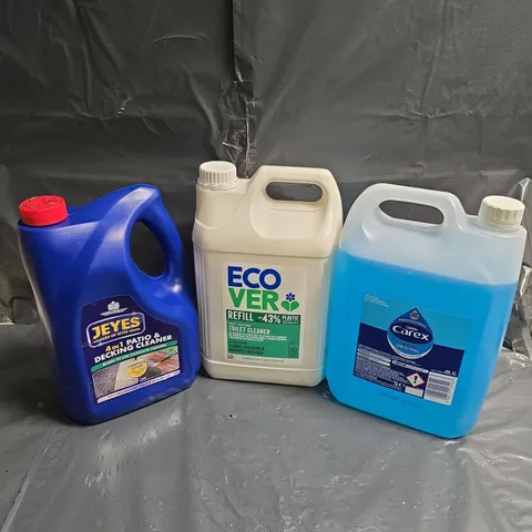 LOT OF 3 ASSORTED LARGE LIQUIDS TO INCLUDE - CAREX HAND WASH - ECOVER TOILET CLEANER - JEYES 4IN1 PATIO & DECKING CLEANER - ETC