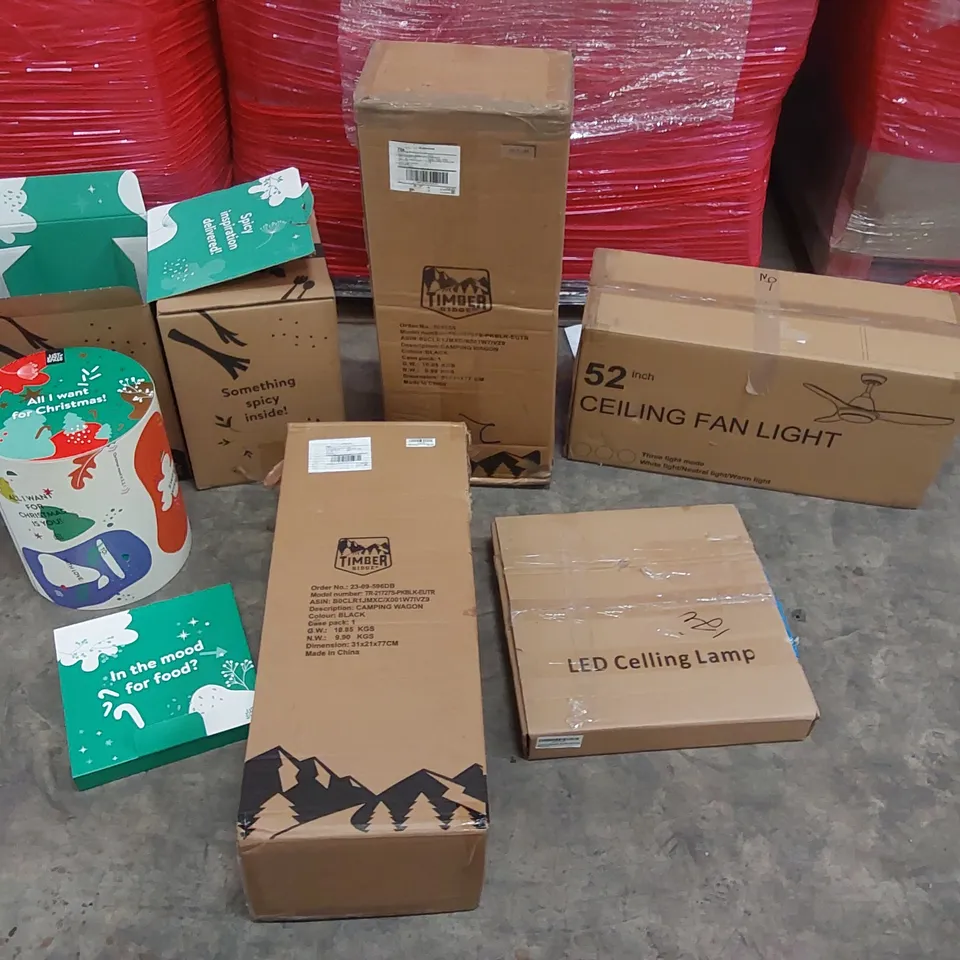 PALLET OF ASSORTED CONSUMER PRODUCTS TO INCLUDE: TIMBER RIDGE CAMPING WAGONS, CEILING FAN LIGHT, LED CEILING LAMP, CHRISTMAS SPICE CALENDARS ECT