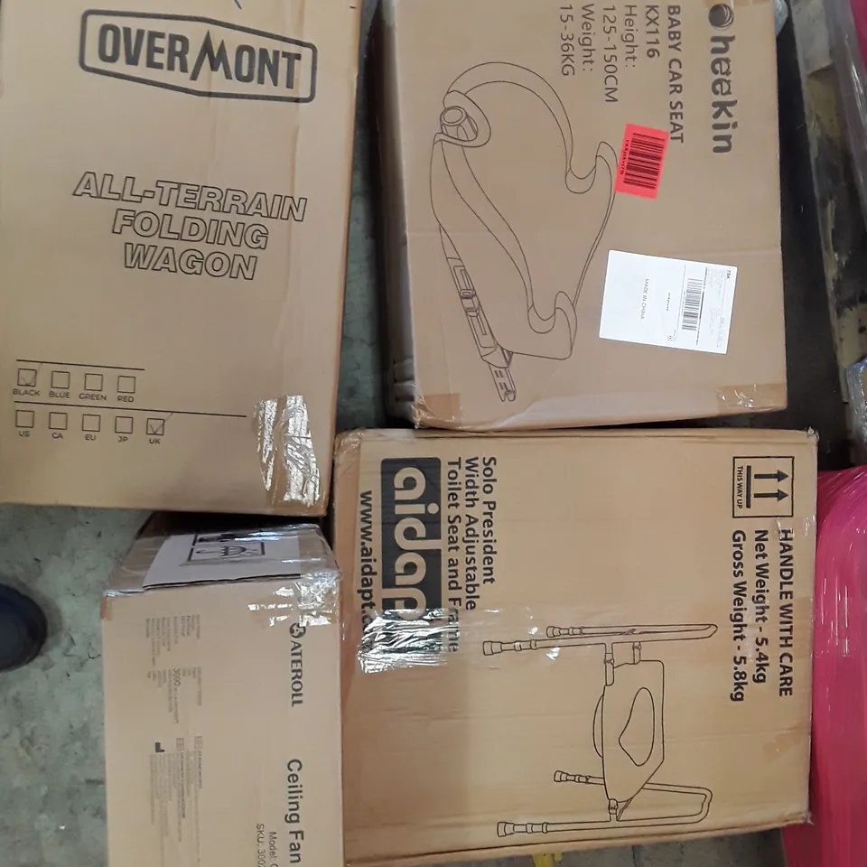 PALLET TO CONTAIN AN ASSORTMENT OF HOUSEHOLD ITEMS TO INCLUDE ADJUSTABLE TOILET SEAT AND FRAME, ALL TERRAIN FOLDING WAGON, BABY CAR SEAT AND CEILING FAN WITH LIGHT ECT 