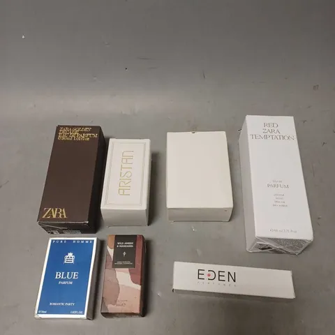 APPROXIMATELY 6 ASSORTED BOXED FRAGRANCES TO INCLUDE - ZARA RED TEMPTATION - POUR HOMME BLUE - ZARA GOLDEN DECADE - ETC