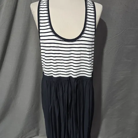 MINT VELVET WOMEN'S NAVY & WHITE STRIPED TANK DRESS WITH BLACK GATHERED SKIRT - SIZE 16