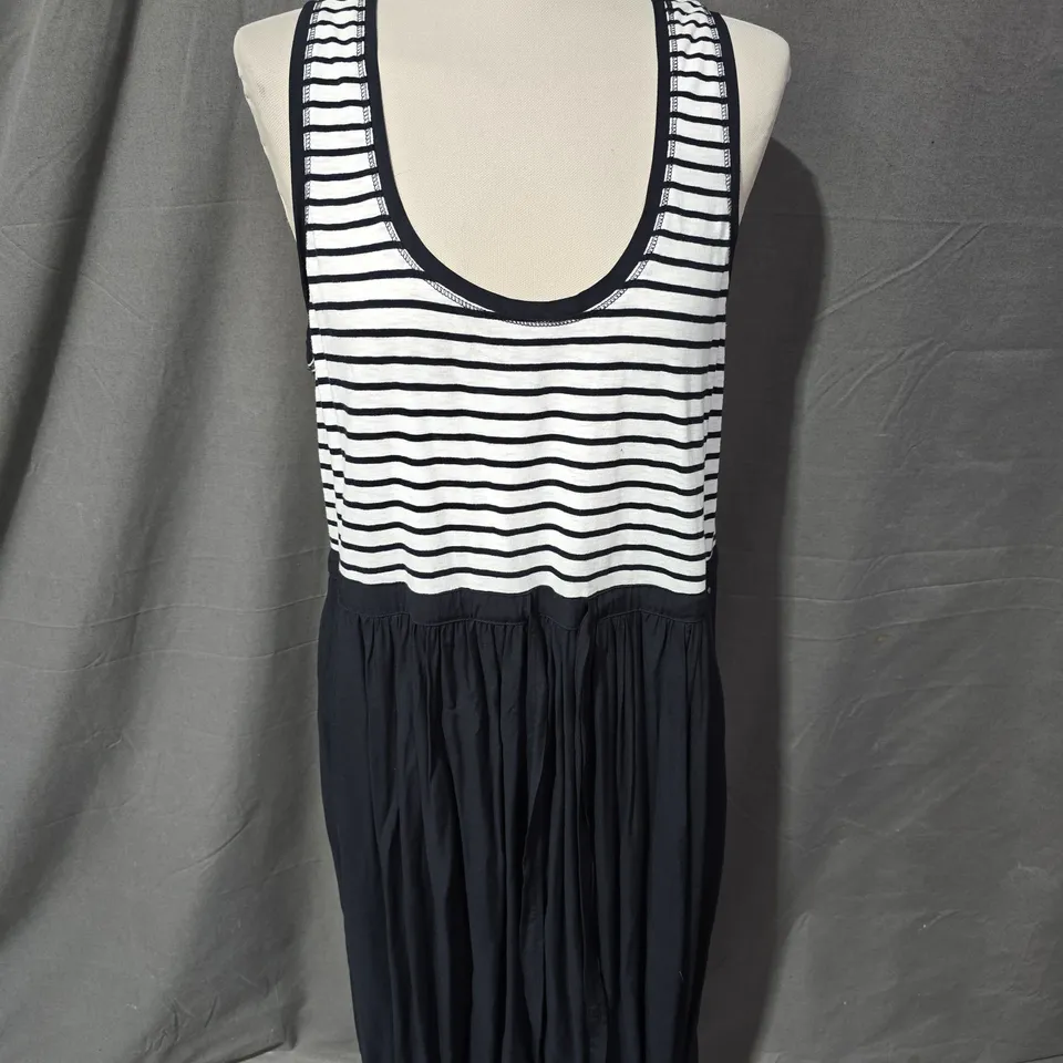 MINT VELVET WOMEN'S NAVY & WHITE STRIPED TANK DRESS WITH BLACK GATHERED SKIRT - SIZE 16