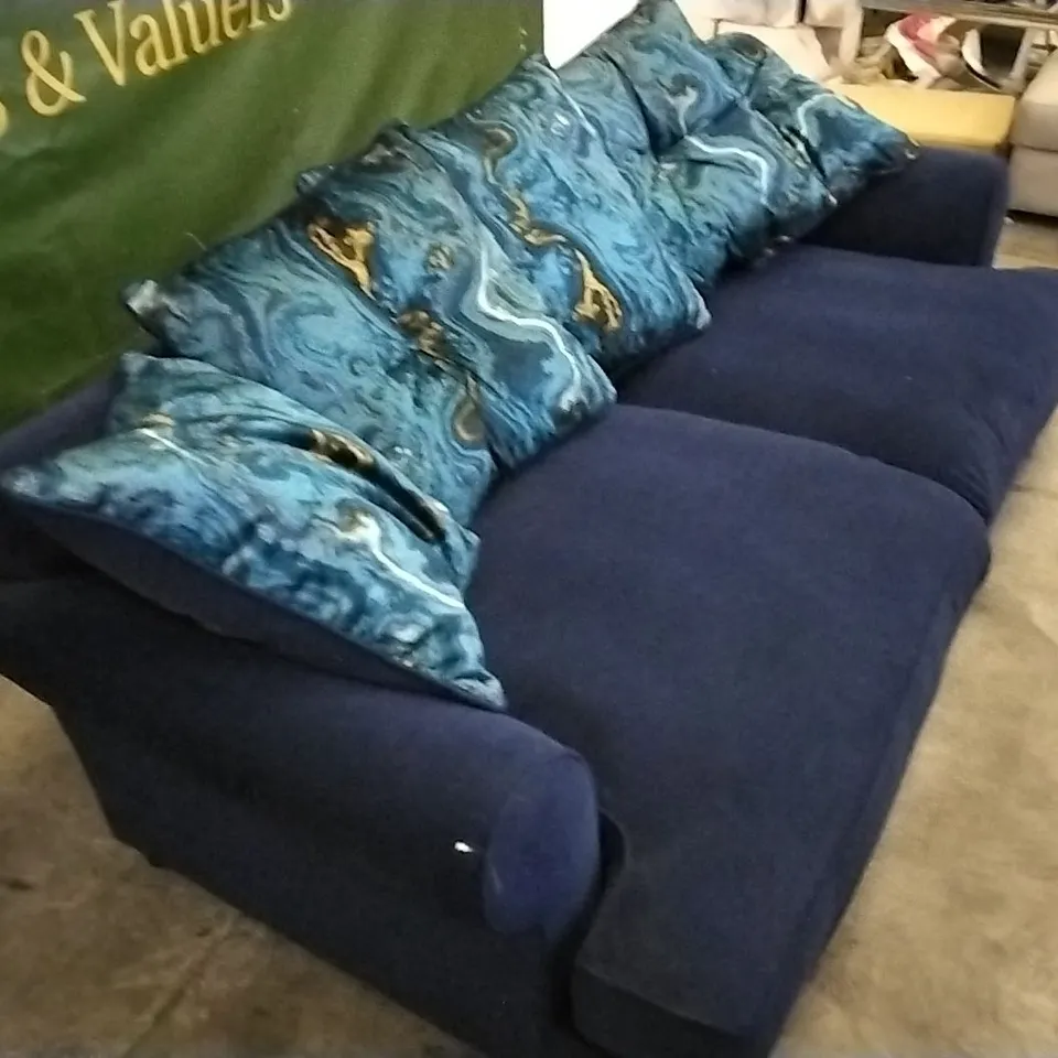 THE LOUNGE COMPANY DARK BLUE FABRIC 3 SEATER SOFA WITH SCSTTERBACK CUSHIONS