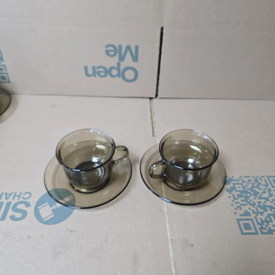 ARCOROC FRANCE DEMITASSE ESPRESSO CUPS WITH SAUCERS – SET OF 2 SMOKED GLASS WITH 2 SAUCERS 