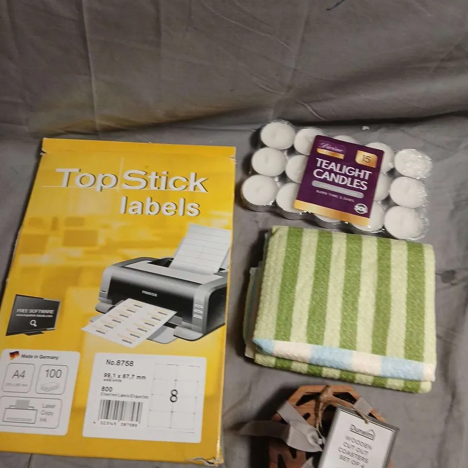 APPROXIMATELY 20 ASSORTED HOUSEHOLD PRODUCTS TO INCLUDE TEALIGHT CANDLES, COASTERS, LABELS ETC