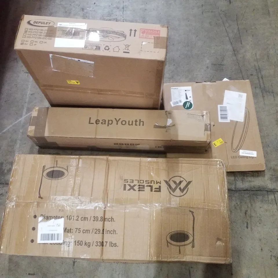 PALLET CONTAINING ASSORTED PRODUCTS INCLUDING FITNESS TRAMPOLINE, CEILING FAN, CHAIR MATS & LED CEILING LIGHT