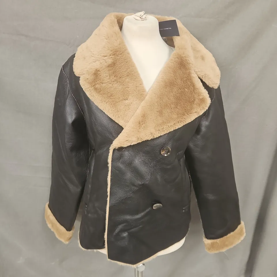 FRENCH CONNECTION LEATHE REFFECT JACKE TWITH FUR TRIM IN BLACK & TOBACCO