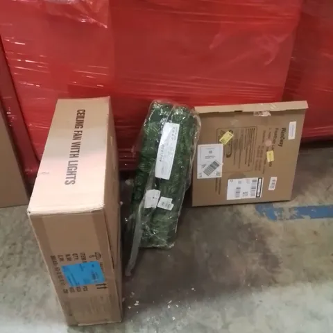 PALLET OF ASSORTED HOUSEHOLD GOODS AND PRODUCTS TO INCLUDE;LAMPSHADE,CEILING FAN WITH LIGHT,FLOWER GUARDS