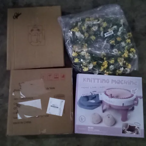 PALLET OF ASSORTED ITEMS INCLUDING TOILET SEAT, FLOWER WREATH, ROUND SIDE TABLE, KNITTING MACHINE, FOLDING TABLE, PREMIUM AIR BED