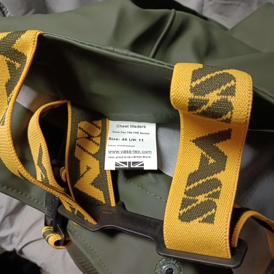BOXED VASS CHEST WADERS – UK 11 (EU 45) – DARK GREEN