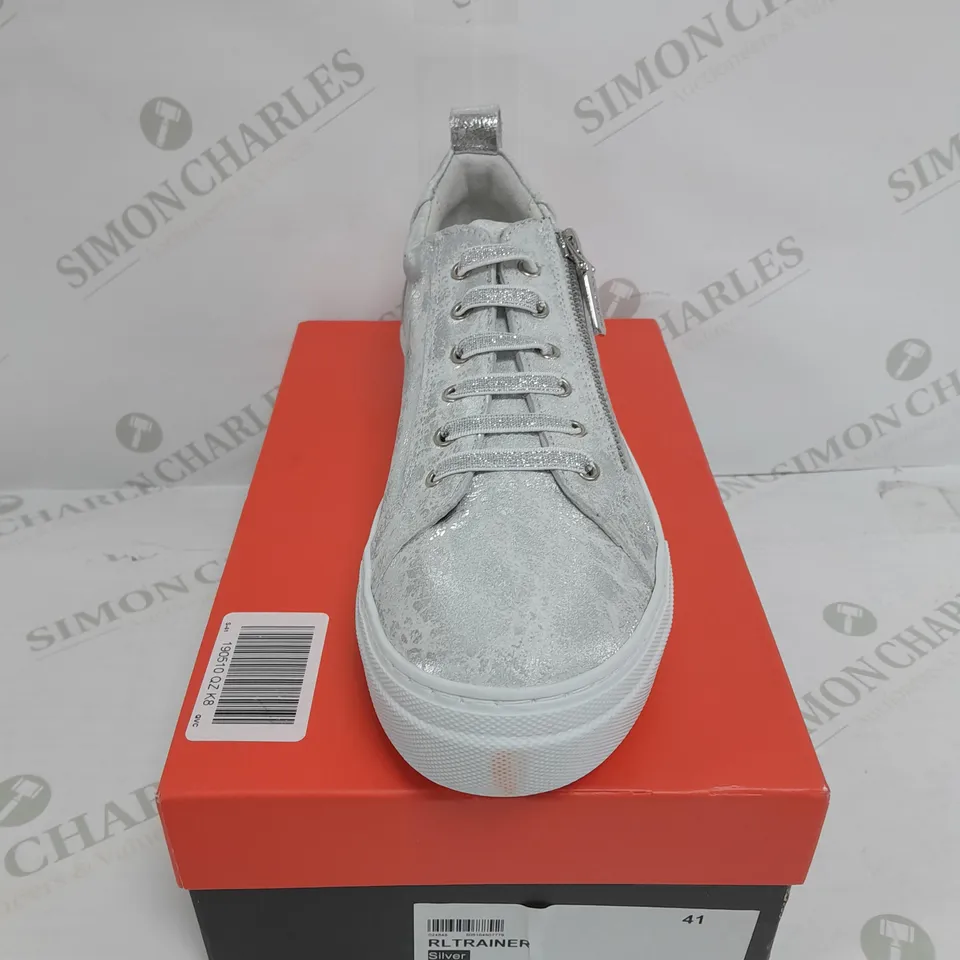 BOXED RUTH LANGSFORD ZIP DETAIL TRAINERS, SILVER - SIZE 8
