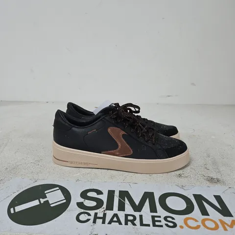 SKECHERS BLACK TRAINERS WITH ROSE-GOLD S LOGO UK SIZE 7