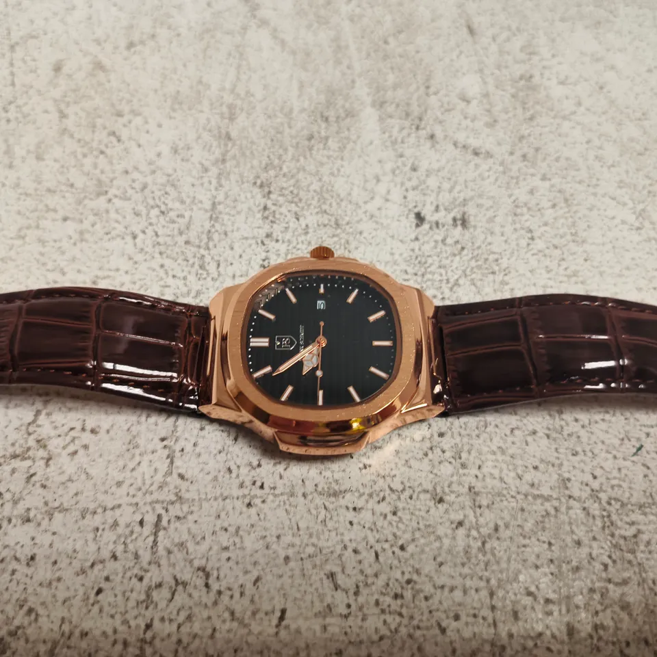 FRANK SCHMIDT WRISTWATCH IN GREEN PRESENTATION BOX – ROSE GOLD-TONE CASE, BROWN LEATHER STRAP