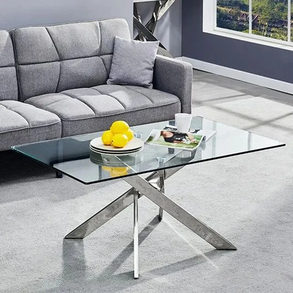 BRAND NEW BOXED DAYTONA GLASS COFFEE TABLE RECTANGULAR IN CLEAR WITH CHROME LEGS (2 BOXES)