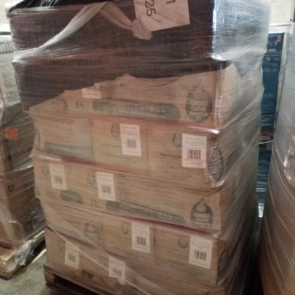 PALLET CONTAINING APPROXIMATELY 36 GREEN OLIVE FIREWOOD LONG BURN RESTAURANT QUALITY LUMPWOOD CHARCOAL 8KG