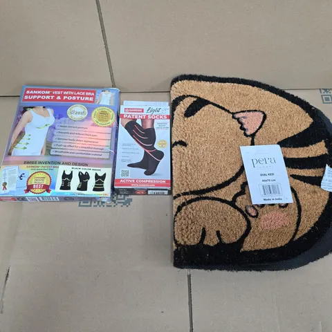 LARGE QUANTITY OF ASSORTED ITEMS TO INCLUDE CAT THEMED DOORMAT, COMPRESSION SOCKS, SUPPORT & POSTURE BRA, ETC - COLLECTION ONLY