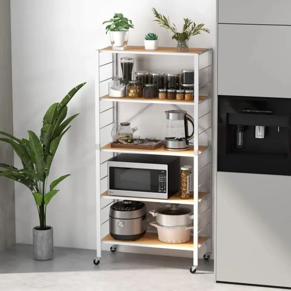 BOXED COSTWAY 5-TIER FOLDABLE SHELVING UNIT METAL SHELVES WITH DETACHABLE WHEELS - NATURAL
