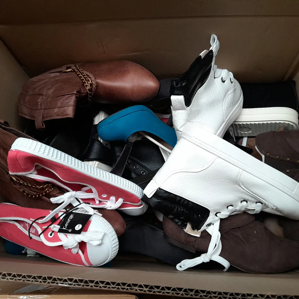 BOX OF APPROXIMATELY 10 ASSORTED PAIRS OF SHOES IN VARIOUS SIZES, COLOURS AND STYLES