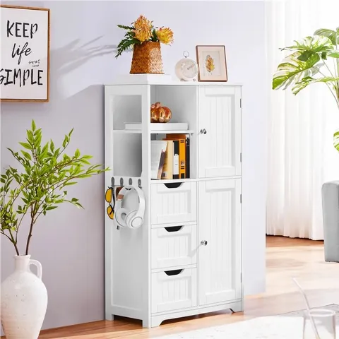 BOXED YAHEETECH BATHROOM CABINET, BATHROOM CHEST OF DRAWERS, SHELVES & HOOKS, FLOOR CABINET, BATHROOM SHELF WITH ADJUSTABLE SHELF, WHITE