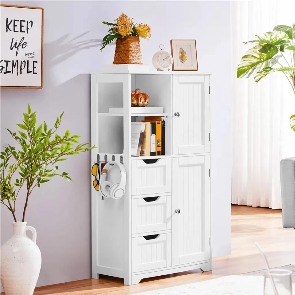 BOXED YAHEETECH BATHROOM CABINET, BATHROOM CHEST OF DRAWERS, SHELVES & HOOKS, FLOOR CABINET, BATHROOM SHELF WITH ADJUSTABLE SHELF, WHITE
