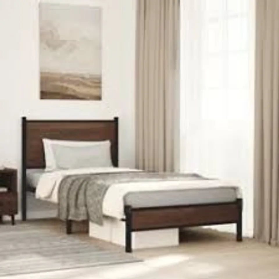 BOXED ALEXEE MODERN METAL BED FRAME WITH BAMBOO SLATTED HEADBOARD - SINGLE (1 BOX)
