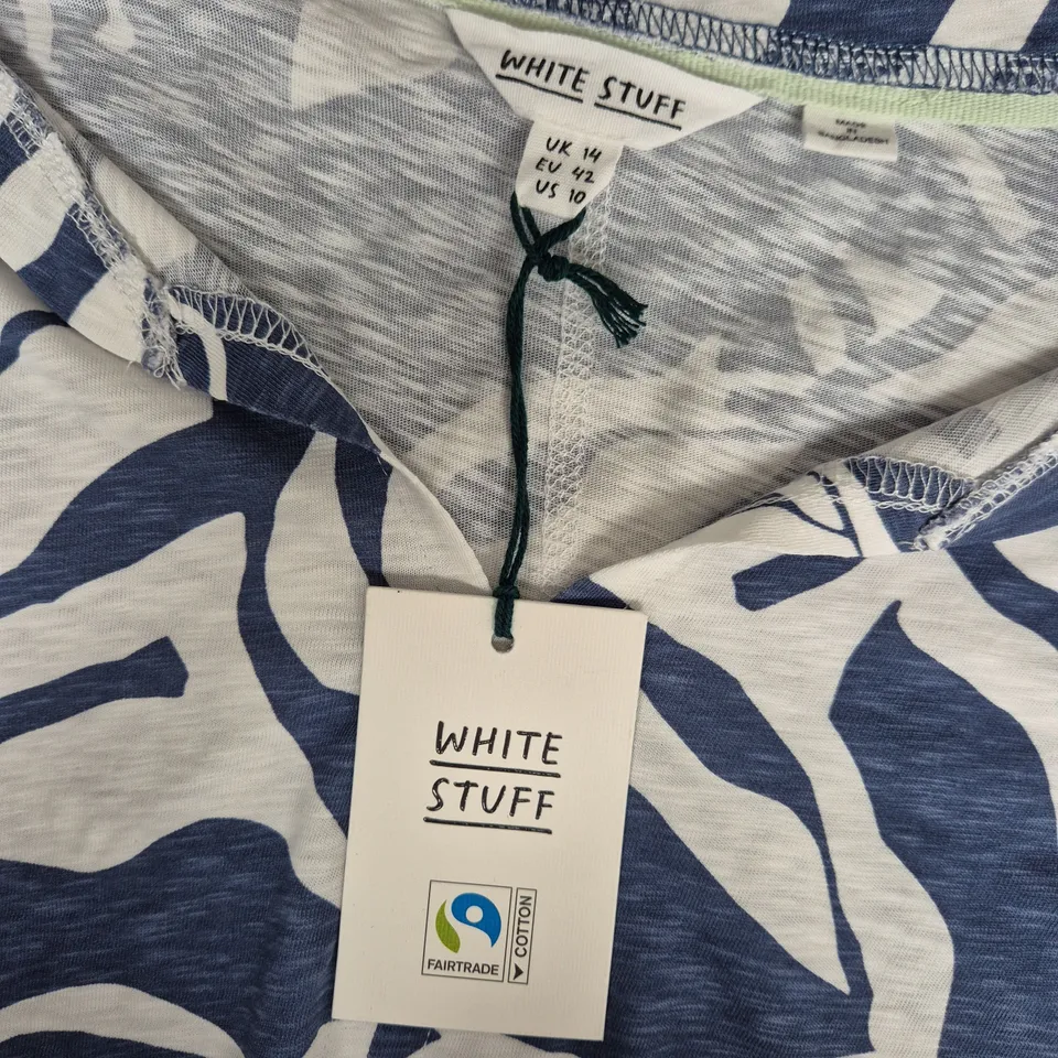 WHITE STUFF WOMEN'S NOTCH NECK TEE – NAVY WITH WHITE LEAF PRINT, UK 14 (EU 42, US 10)