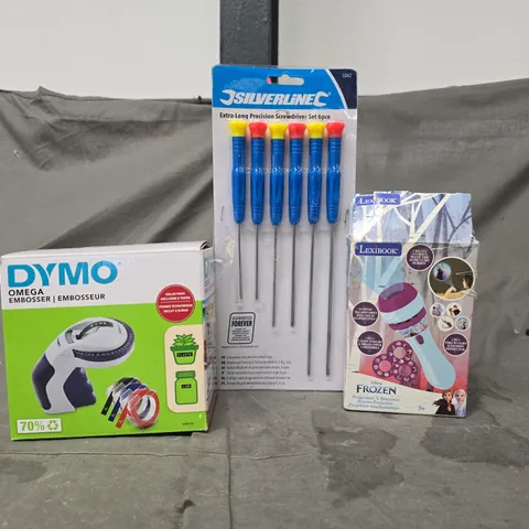 BOX OF APPROXIMATELY 12 ASSORTED HOUSEHOLD ITEMS TO INCLUDE DYMO OMEGA EMBOSSER, SILVERLINE 6-PIECE SCREWDRIVER SET, ETC - COLLECTION ONLY