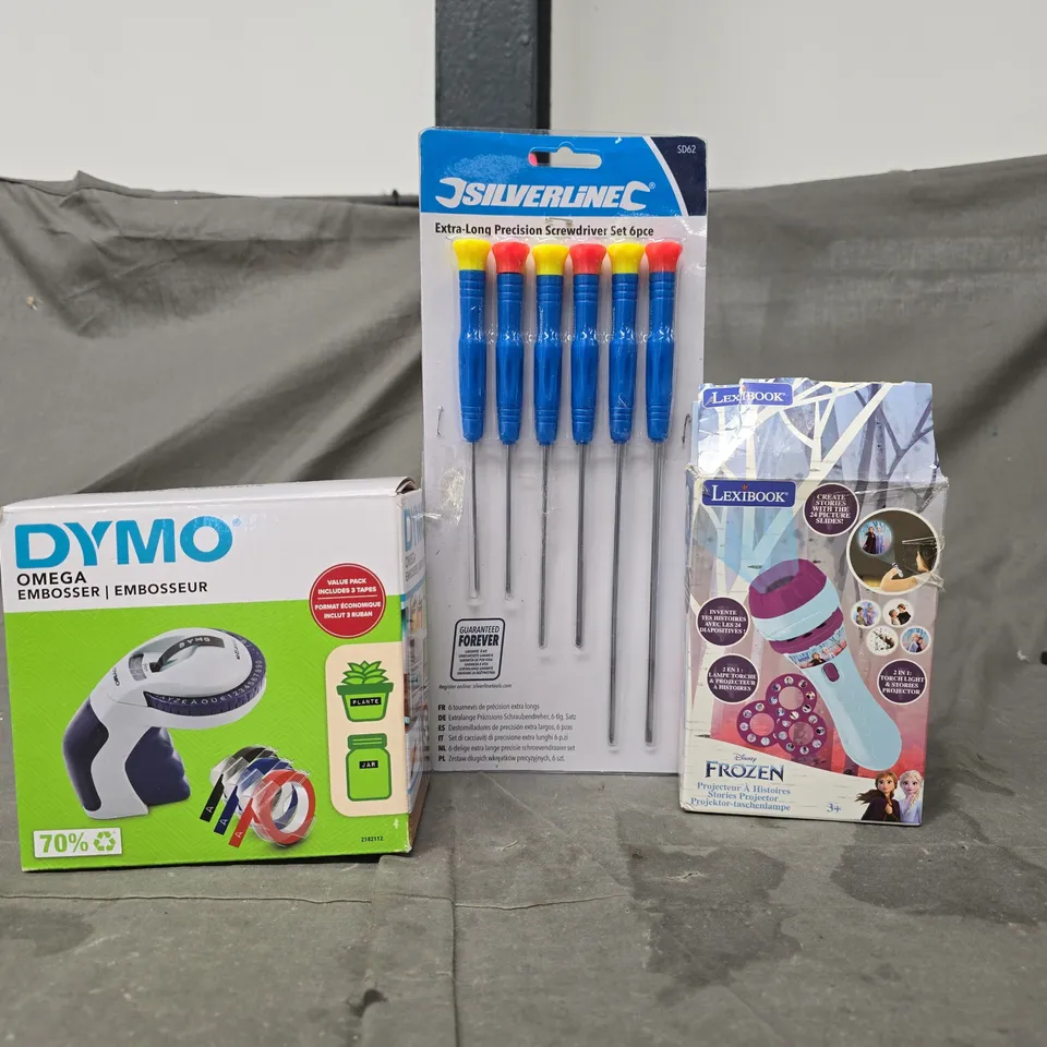 BOX OF APPROXIMATELY 12 ASSORTED HOUSEHOLD ITEMS TO INCLUDE DYMO OMEGA EMBOSSER, SILVERLINE 6-PIECE SCREWDRIVER SET, ETC - COLLECTION ONLY