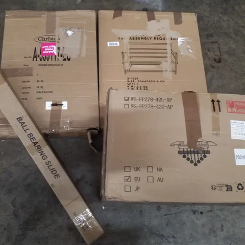 PALLET CONTAINING ASSORTED PRODUCTS INCLUDING 4-TIER MINI GREENHOUSE, BALL BEARING SLIDE, LED FAN LIGHT & SHOE RACK