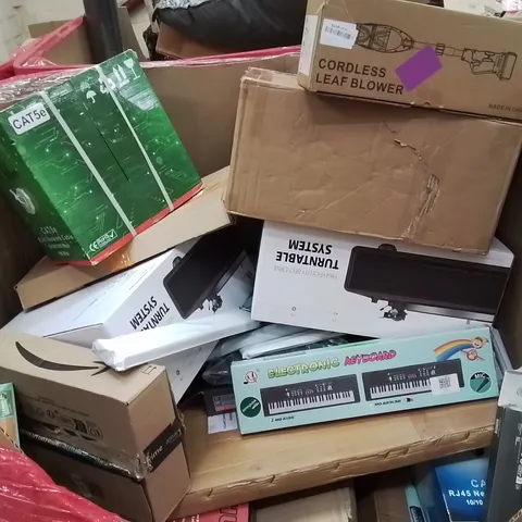 PALLET CONTAINING VARIOUS ASSORTED BOXED HOUSEHOLD ITEMS TO INCLUDE: CORDLESS LEAF BLOWER, TURNTABLE SYSTEMS, KIDS KEYBOARDS,  GAMING MATS, FLOOR CUTTING MACHINE AND LOTS MORE UNMARKED BOXED ITEMS 