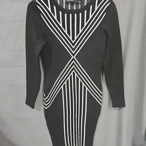KAREN MILLEN WOMEN'S KNIT DRESS – BLACK WITH WHITE GEOMETRIC PATTERN, SIZE S