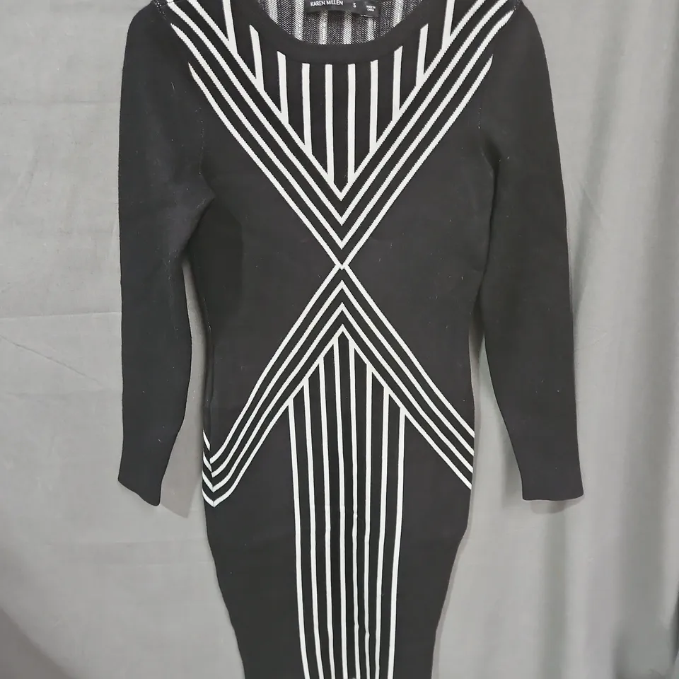 KAREN MILLEN WOMEN'S KNIT DRESS – BLACK WITH WHITE GEOMETRIC PATTERN, SIZE S