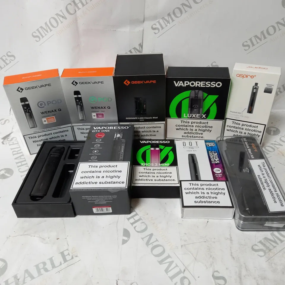 BOX OF APPROXIMATELY 10 ASSORTED E-CIG PRODUCTS TO INCLUDE GEEKVAPE, VAPORESSO, ASPIRE 
