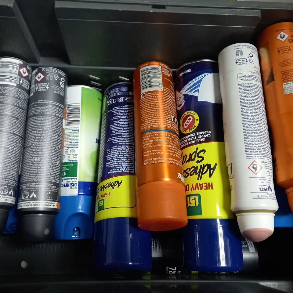 BOX OF APPROX 15 ASSORTED AEROSOLS INCLUDING SURE MEN DEODORANT, DETTOL DISINFECTANT SPRAY AND 151 HEAVY DUTY ADHESIVE SPRAY - COLLECTION ONLY