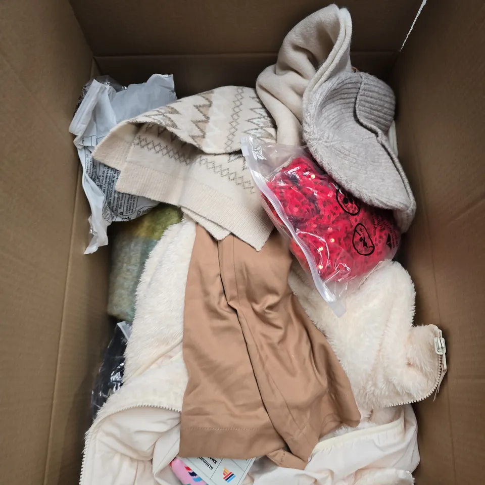 LARGE BOX OF APPROXIMATELY 25 ASSORTED CLOTHING ITEMS IN VARIOUS COLOURS, STYLES AND SIZES - COLLECTION ONLY