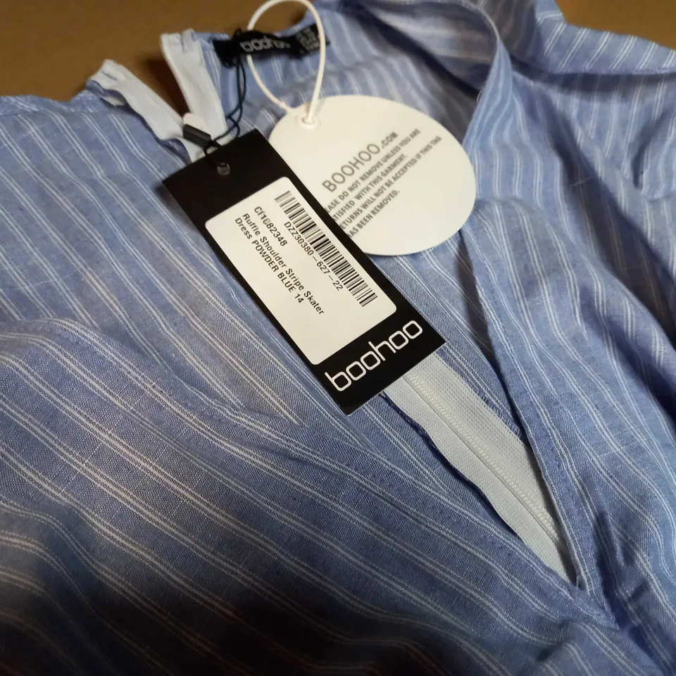 BOOHOO POWDER BLUE RUFFLE SHOULDER STRIPE SKATER DRESS - SIZE 14