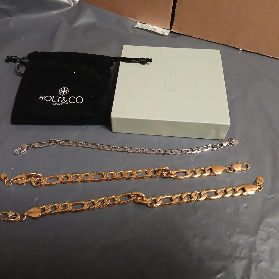 KOLT & CO LONDON JEWELLERY – SET OF 3 CHAIN BRACELETS (GOLD-TONE/ROSE GOLD & SILVER-TONE) WITH BOX & POUCH