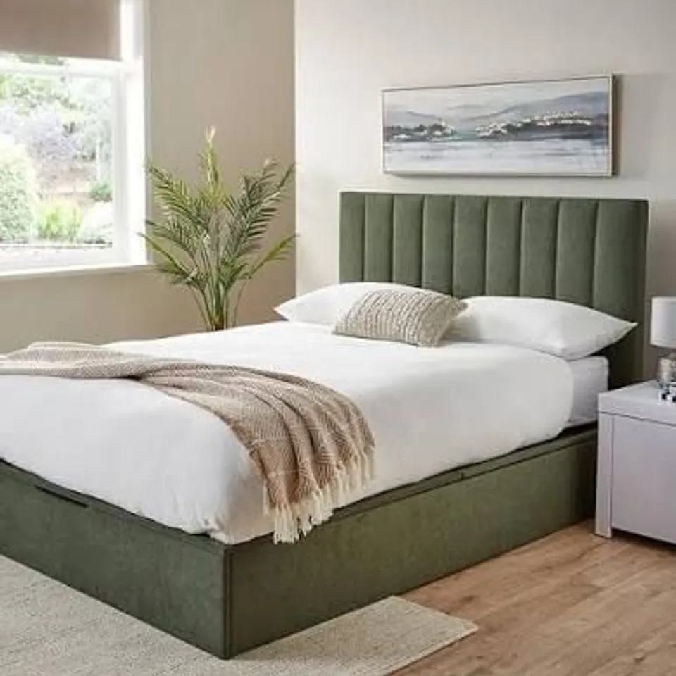 BOXED NOVA FABRIC DOUBLE LIFT UP BED FRAME - WINTER MOSS (4 BOXES)