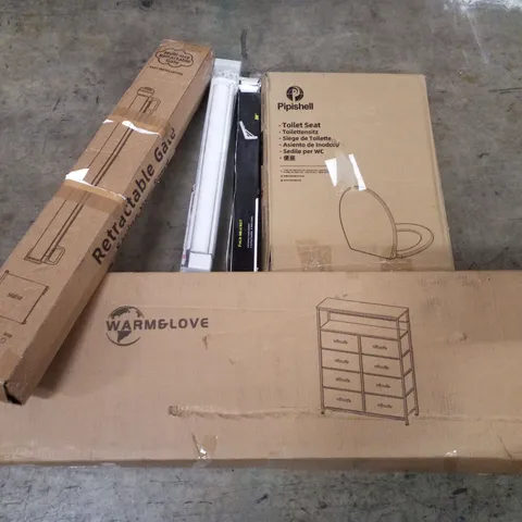 PALLET CONTAINING ASSORTED PRODUCTS INCLUDING TOILET SEAT, RETRACTABLE SAFETY GATE, ROLLER BLIND, FOLD BRACKET & CHEST OF DRAWERS
