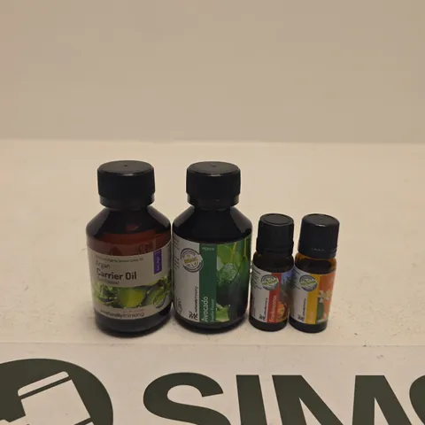 ASSORTED ESSENTIAL OIL & CARRIER OIL BOTTLES (ARGAN & AVOCADO) – 4 AMBER GLASS BOTTLES