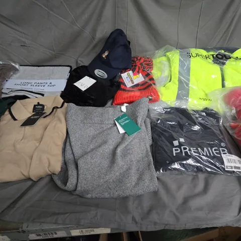 LARGE BOX OF ASSORTED CLOTHING ITEMS IN VARIOUS SIZES, STYLES AND COLOUR