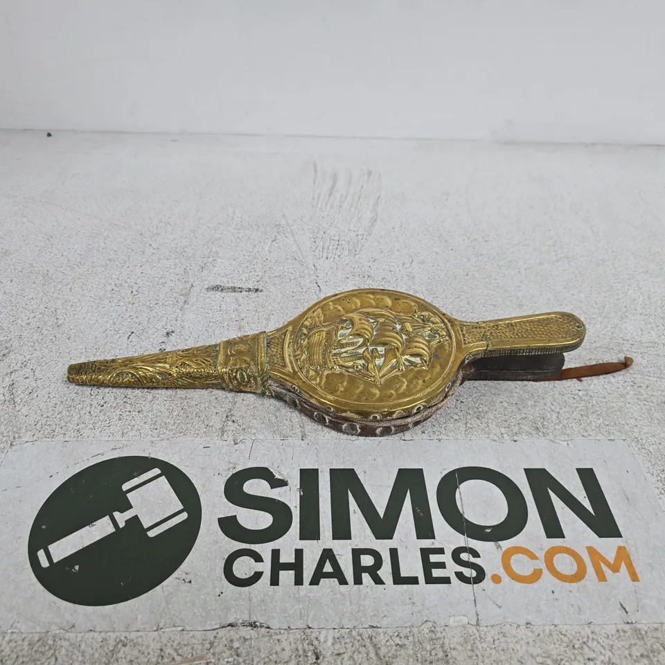 VINTAGE EMBOSSED BRASS AND WOOD FIRE BELLOWS WITH SHIP DESIGN